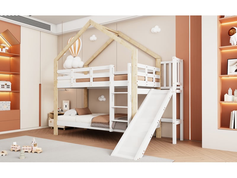  Lit superposé avec toboggan et échelle inclinée 3 marches 90x200 cm blanc et bois clair pin et mdf structure avec protection anti chute Sol Morn - Conforama B
