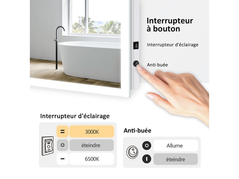  Emke miroir de salle de bain led 60x120 cm, anti-buée, interrupteur mécanique, 2 températures de couleur  - Conforama C