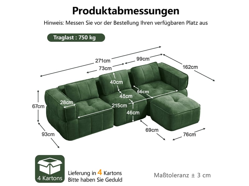 Canapé d'angle modulable 3 places avec pouf, canapé vert sans cadre à assise profonde pour salon, mousse 32d haute densité  - Conforama B