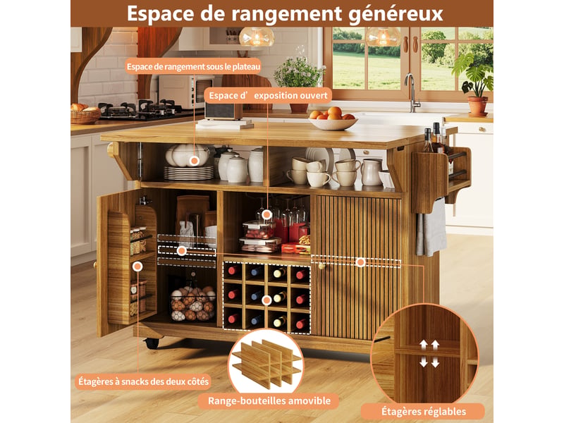 Desserte mobile avec plans rabattables - lpospi - rangement, porte-bouteilles, mdf marron foncé 142,5 × 40 × 95 cm - Conforama E