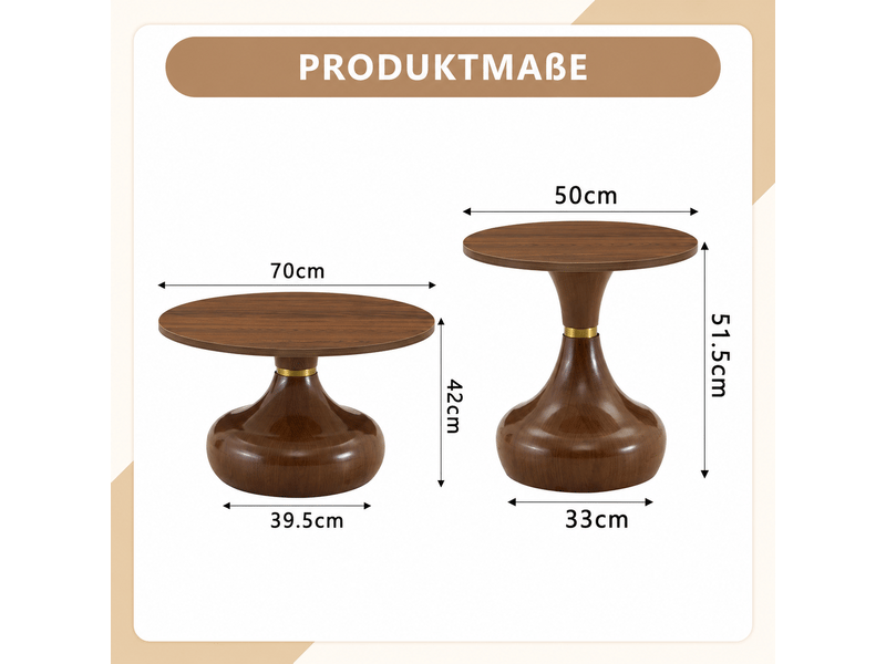  Tables basses gigognes avec 2 plateaux ronds et piètement sculpté, en mdf et métal, noyer, pour salon  - Conforama A