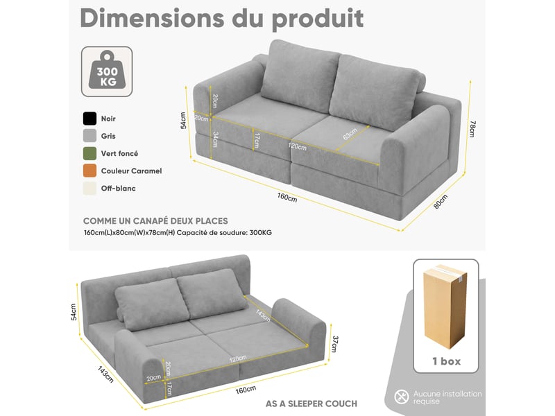 Canapé-lit convertible 2 places 160x80x78 cm – gris – pliant, modulable, couchage d'appoint compact - Conforama C