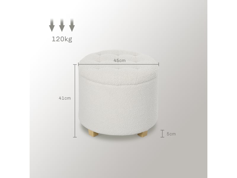  Pouf coffre rangement, tabouret rond, pouf repose-pieds en tissu bouclette, charge 120 kg, blanc,  45 x 41 cm  - Conforama C