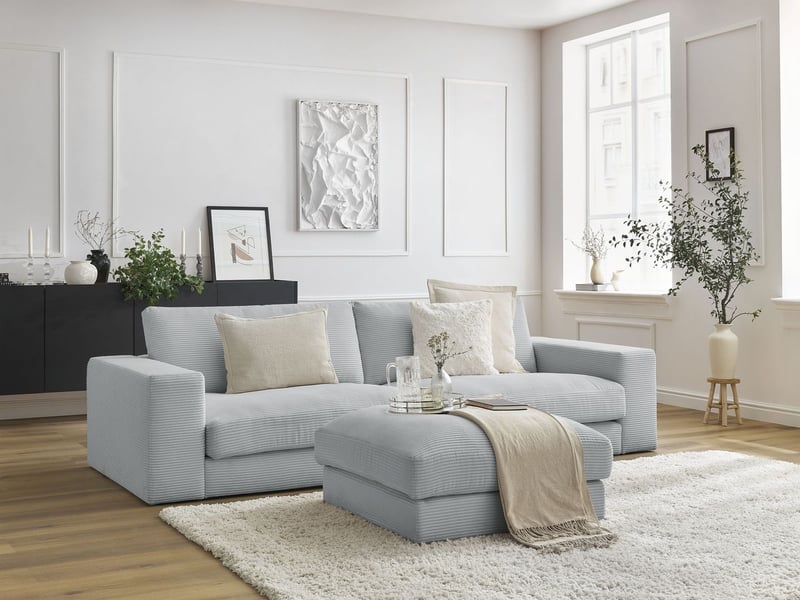  Bobochic canapé droit fixe 3 places leonard velours côtelé avec pouf gris clair LEONARD - Conforama B