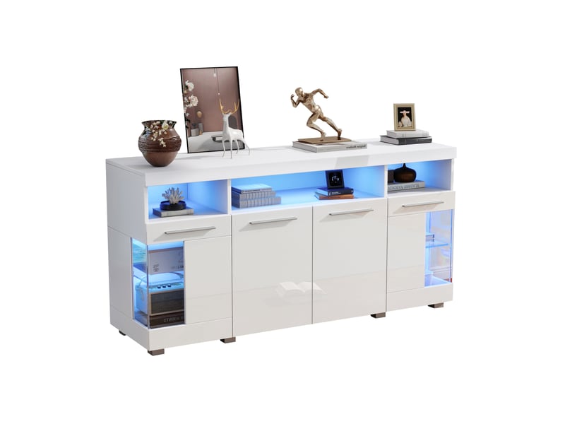  Buffet bas blanc 140 x 40 x 70 cm avec éclairage led et portes en verre trempé  - Conforama A