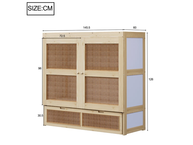  Lit escamotable vertical 140 x 200 cm avec sommier à lattes et tiroirs, bois clair naturel  - Conforama E