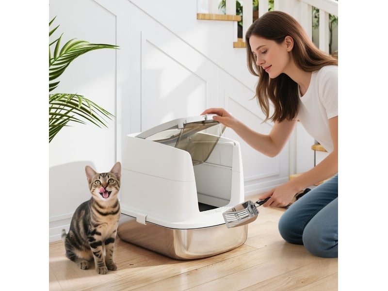  Bac à litière fermé en acier inoxydable 52,4 x 41,3 x 39,8 cm – blanc – accès double, pelle et sac désodorisant  - Conforama D
