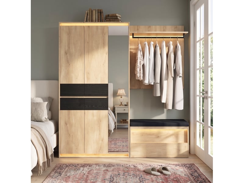  Garde-robe d'entrée 200x47x200 cm avec miroir et led, mdf, bois, grande armoire de rangement entrée et dressing, déco  - Conforama B