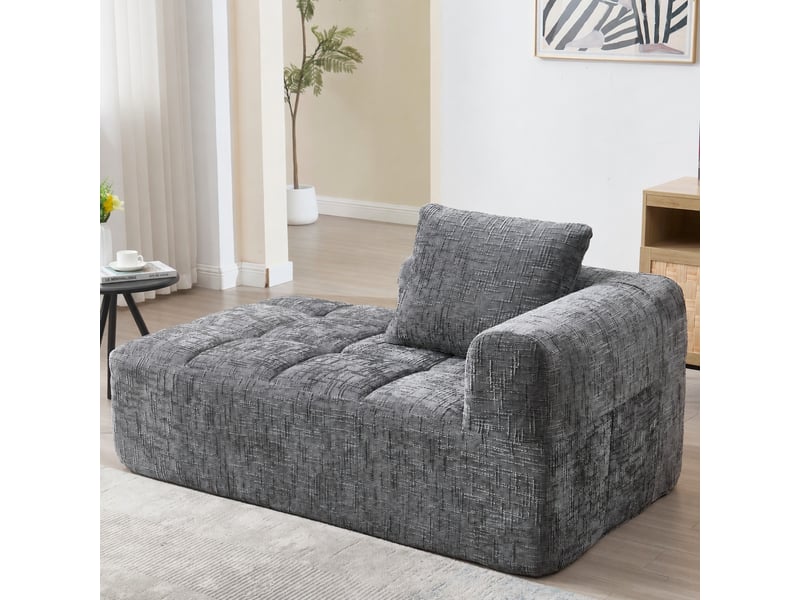  Canapé méridienne gris en chenille, chaise longue rembourrée avec coussin et poches latérales  - Conforama D