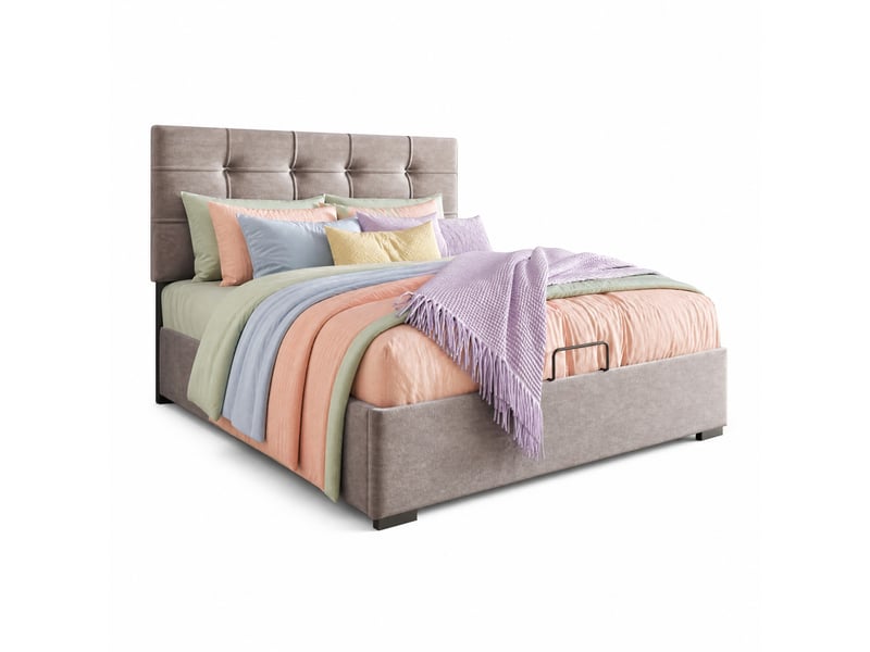 Lit coffre 1 place 90x200 cm à tête réglable en velours gris clair - Conforama A