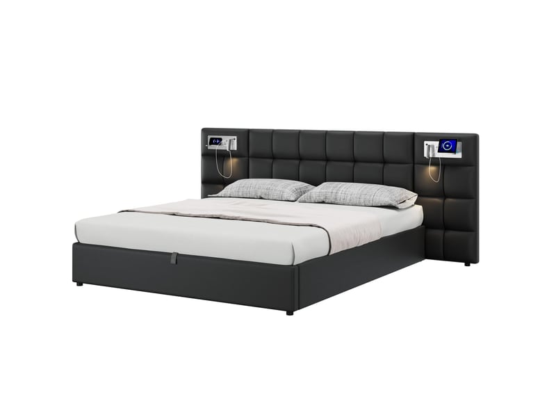  Lit coffre adulte 180x200 cm – noir – usb, recharge sans fil, éclairage et sommier inclus – sans matelas  - Conforama A