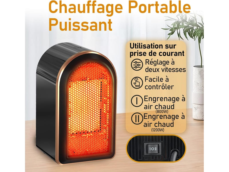  Chauffage soufflant, économe en énergie, avec protection contre la surchauffe et le basculement, céramique ptc, petit chauffage électrique, 1200 w, noir GTR01897 - Conforama D