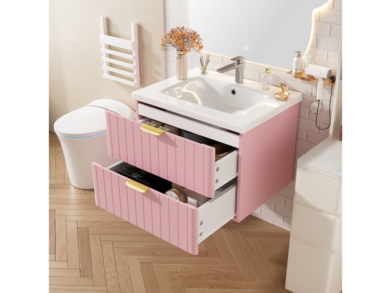  Meuble vasque suspendu rose avec lavabo céramique 60,5 cm - rangement 2 tiroirs gain de place  - Conforama E