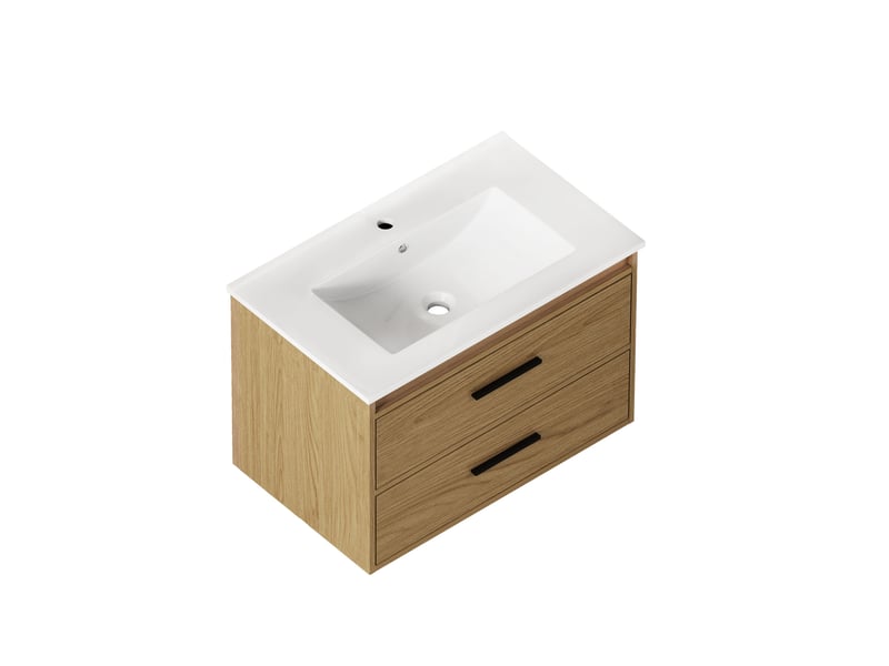 Armoire de salle de bain avec 2 tiroirs à fermeture silencieuse, rangement en mdf et céramique, chêne clair, 75 cm - Conforama A