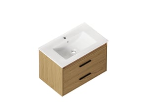 Armoire de salle de bain avec 2 tiroirs à fermeture silencieuse, rangement en mdf et céramique, chêne clair, 75 cm