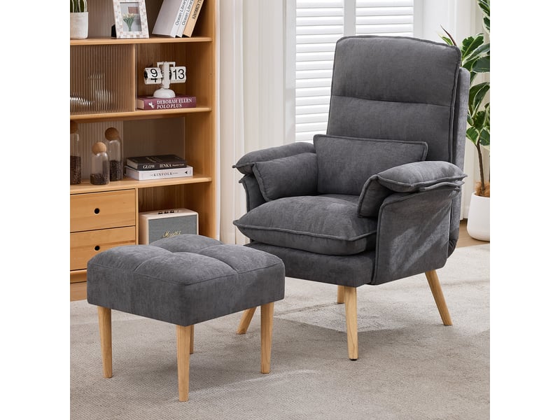 Fauteuil relax, fauteuil de salon – avec accoudoirs, dossier réglable, avec repose-pieds, pieds bois, gris - Conforama R