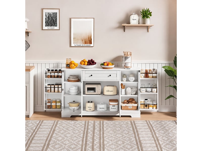  Buffet de cuisine blanc de 138 cm avec tiroir, 4 portes et étagères réglables  - Conforama D