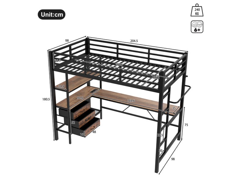  Lit mezzanine enfant 90x200 cm, led, tiroirs, bureau, charge, étagère, sommier, métal noir, sans matelas  - Conforama C