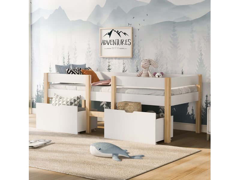  Lit enfant surélevé 90x190 cm avec tiroirs, barrière anti-chute, blanc et chêne clair  - Conforama B