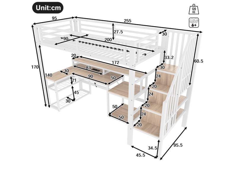  Lit mezzanine 90x200 cm avec bureau, rangement, led et usb blanc  - Conforama C