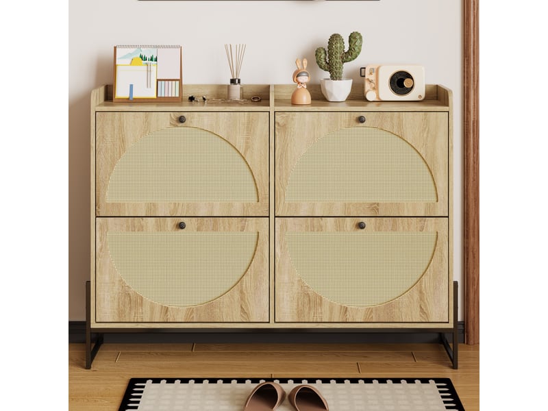  Meuble à chaussures avec portes en rotin pe, poignées noires et pieds en métal doré, coloris naturel  - Conforama C
