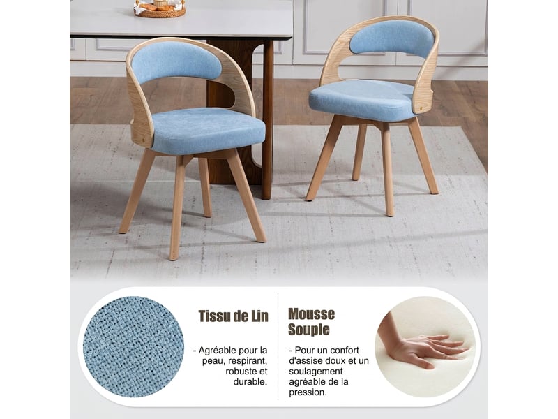  Lot de 2 chaises de salle à manger pivotante en lin bleu, pieds en bois massif, 41x44x72cm  - Conforama R