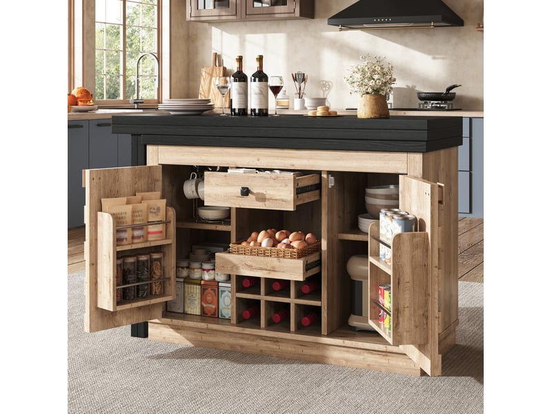  Îlot de cuisine pivotant 360° 120-197 cm avec rangement et porte-bouteilles amovible  - Conforama D