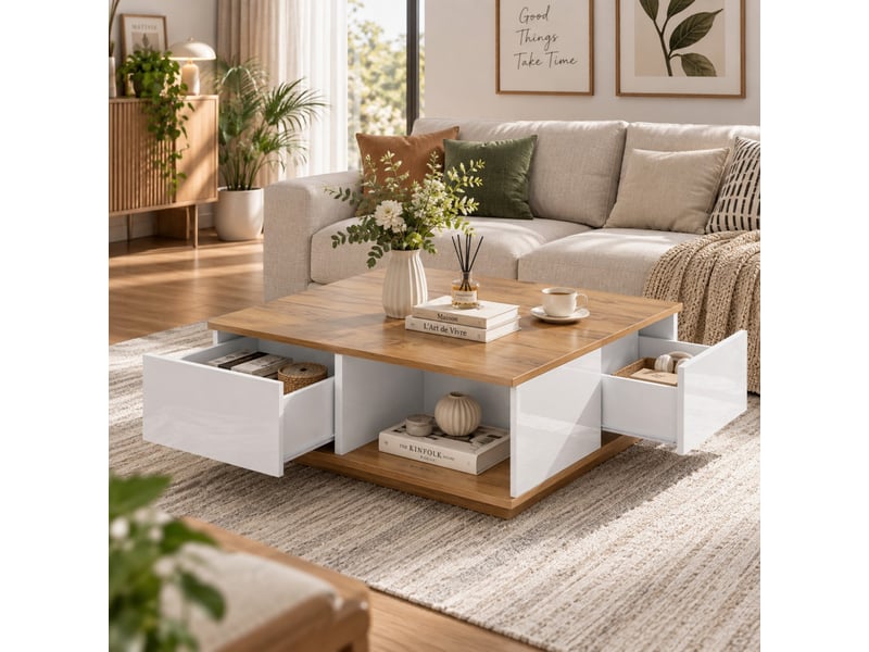  Table basse carrée blanc et bois avec 3 tiroirs, finition brillante et rangement semi-ouvert, 70x70x31,5 cm  - Conforama E