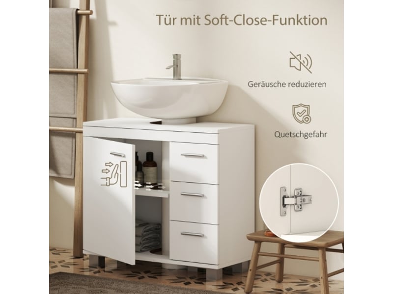 Meuble sous lavabo blanc avec 2 étagères et 3 tiroirs, structure en mdf, rangement salle de bains - Conforama D