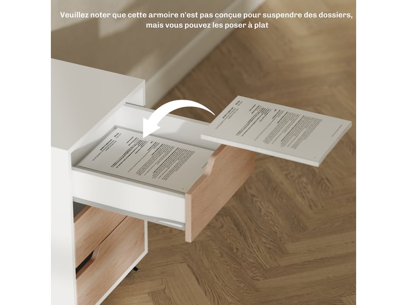  Caisson bureau mobile, meuble rangement bureau sur roulettes, 3 tiroirs, blanc et chêne, 40x50x57,5cm  - Conforama W