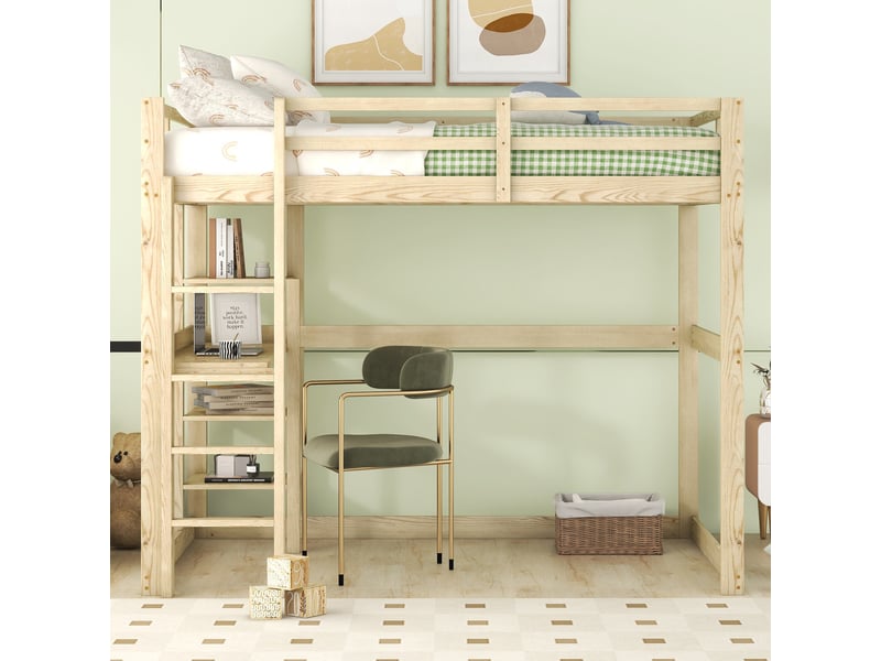  Lit mezzanine 140x200 cm avec 4 casiers et un plateau de bureau, lit enfant avec espace de rangement, en pin, finition naturelle  - Conforama A