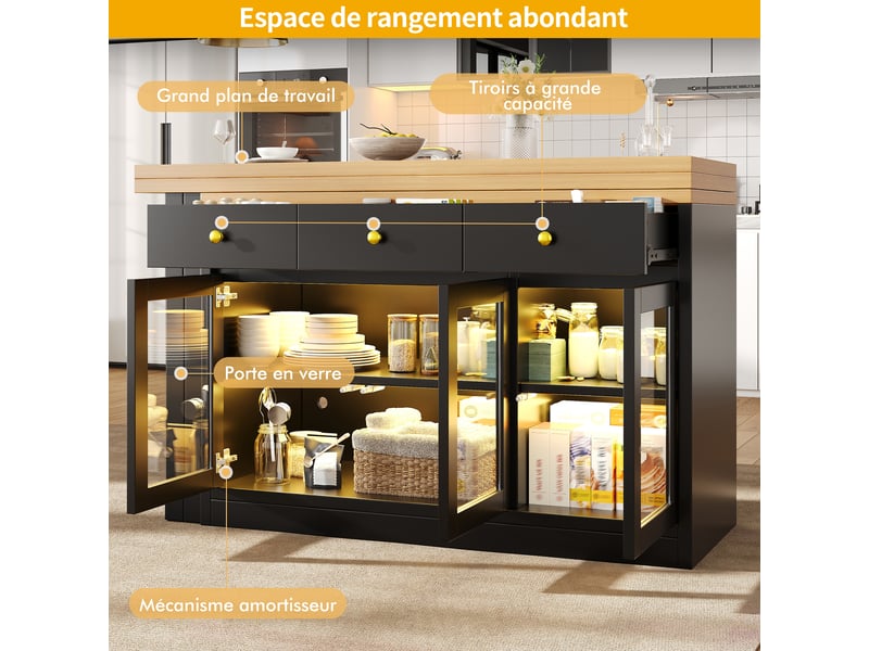  Îlot de cuisine extensible avec led et 3 tiroirs - 3 portes vitrées, mdf noir 120–200 × 40 × 75,5 cm  - Conforama D