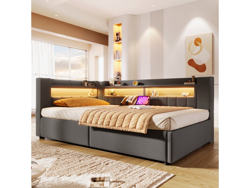 Lit coffre hydraulique 90x200 cm avec led et usb-c, tissu lin gris, structure mdf, sans matelas - Conforama W
