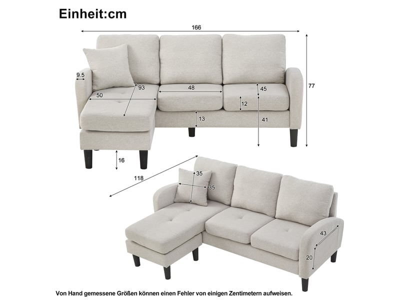  Canapé d'angle avec méridienne réversible 166 x 118 x 77 cm - 3 places compact modulable  - Conforama C