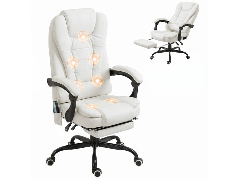  Fauteuil de bureau avec 7 points de massage, repose-pieds rétractable, hauteur réglable, télécommande et revêtement en tissu pu blanc  - Conforama A