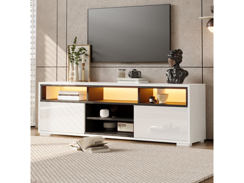 Meuble tv led pour petit salon, meuble tv 150 cm pour téléviseur 65 pouces, blanc brillant et noir avec rangements - Conforama B