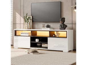 Meuble tv led pour petit salon, meuble tv 150 cm pour téléviseur 65 pouces, blanc brillant et noir avec rangements