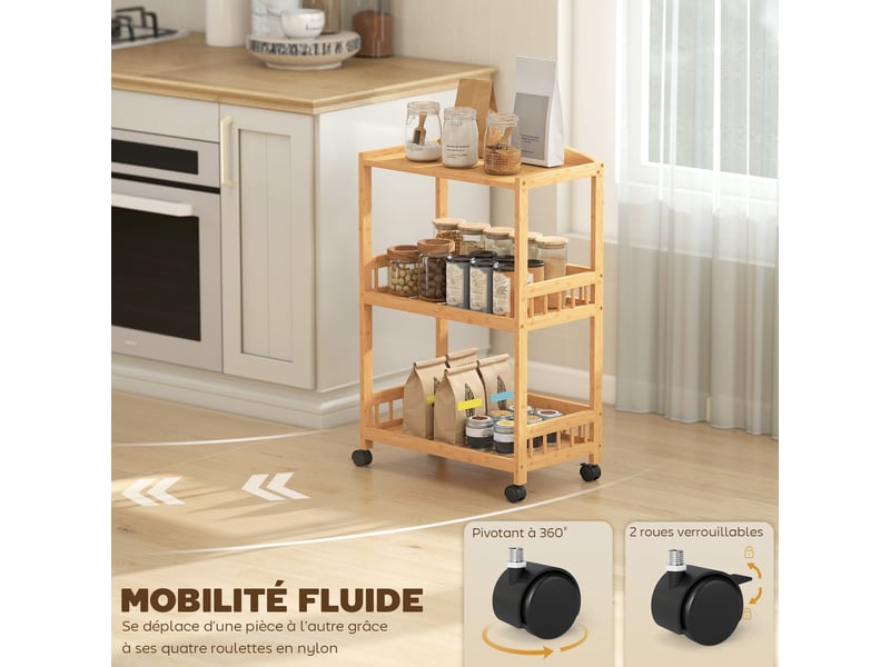  Desserte de cuisine à roulettes 3 niveaux en bambou naturel 53x30,5x83 cm  - Conforama E