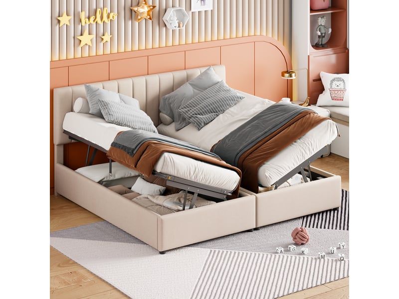  Lit coffre 180x200 cm, lit enfant capitonné hydraulique en lin beige, sans matelas  - Conforama B