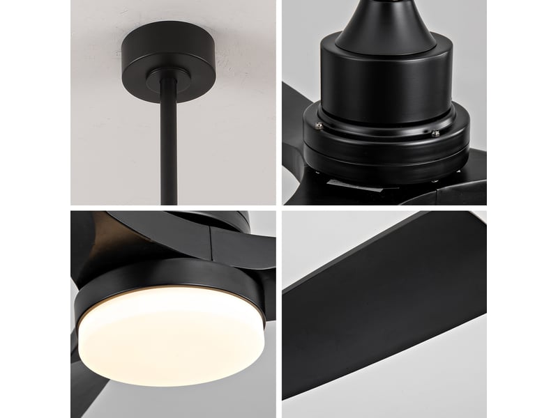 Ventilateur de plafond avec éclairage 132x132x36 cm, 3 pales, led réglable, télécommande, 6 vitesses, métal et bois, noir  - Conforama D