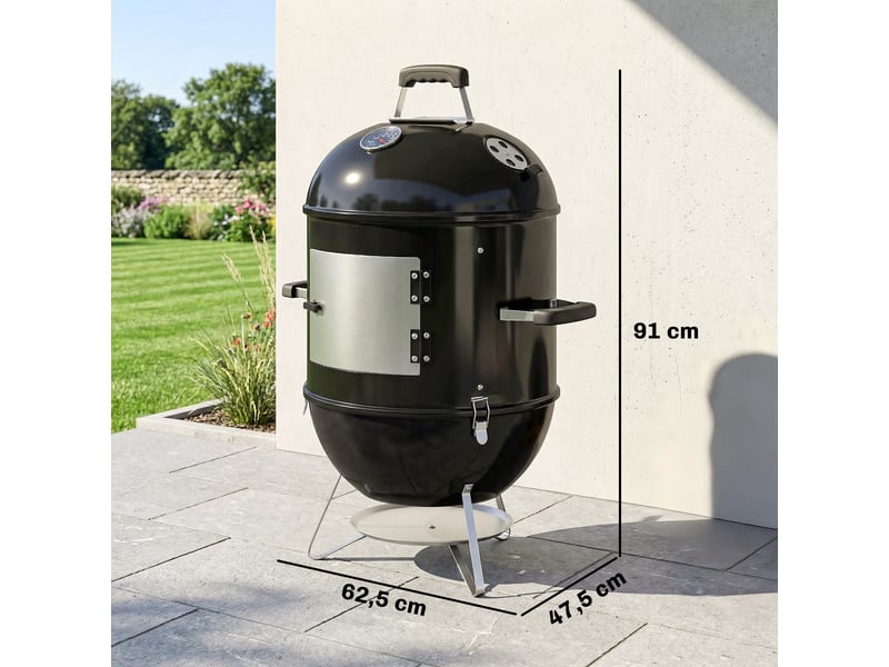  Fumoir 3-en-1 avec 3 grilles de cuisson, thermomètre intégré et ventilation réglable, 62,5 x 47,5 x 91 cm, noir  - Conforama E
