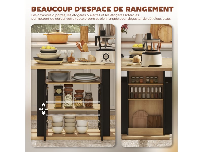  Table à manger ilot central cuisine avec grand plan de travail 4 personnes placard 4 portes noir 110 x 70 x 75,5 cm  - Conforama R