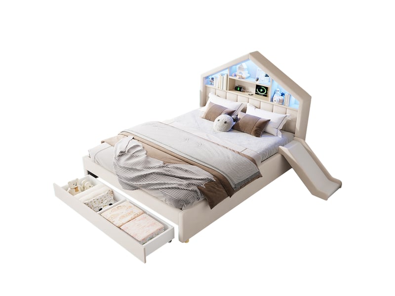 Lit cabane 140x200 cm en velours beige avec toboggan, led, prise de charge, étagère de tête de lit et coffre chicfurn - Conforama A