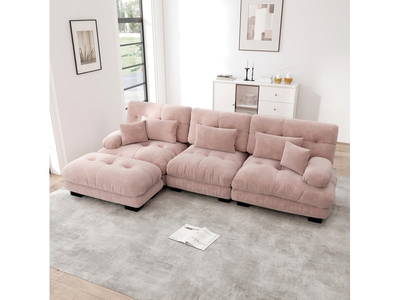 Canapé d'angle modulable modenvie 3 places convertible 313 x 145 cm en chenille rose avec ottomans mobiles - Conforama D