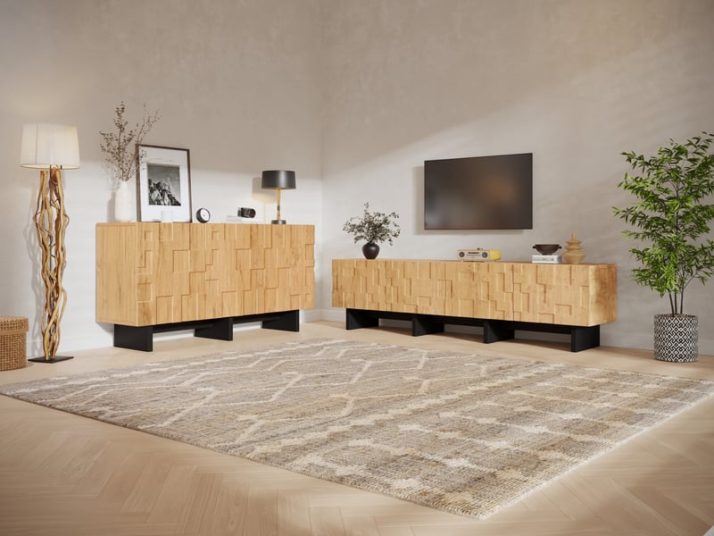  Ensemble meuble tv 180 cm et buffet 140 cm, finition bois naturel et noir  - Conforama B