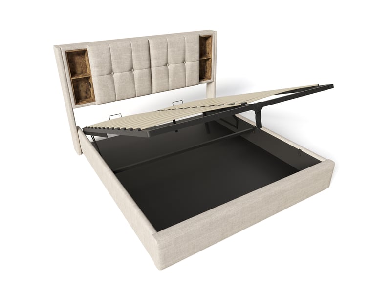  Lit coffre double 160x200 cm naturel en lin, tête de lit avec charge sans fil, usb c et rangements  - Conforama D