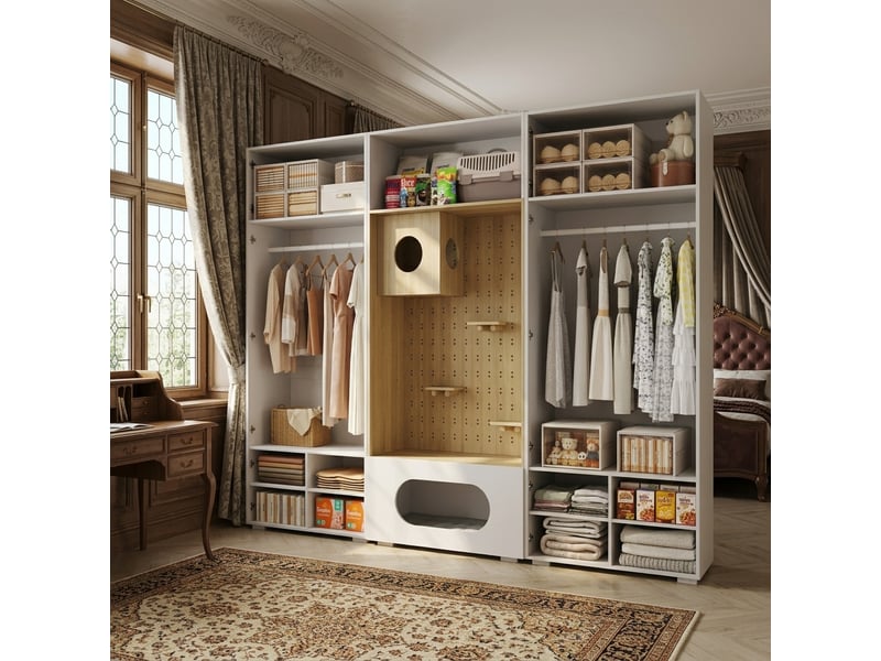  Armoire dressing modenvie 270 x 50 x 200 cm avec espace félin blanc et aspect bois  - Conforama E