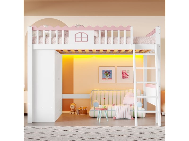  Lit mezzanine blanc 90x200cm avec rangement, bureau, armoire, tiroirs, structure robuste, solide - bois massif - pour enfant ado  - Conforama B