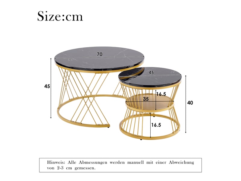 Tables basses gigognes rondes lot de 2 avec pieds réglables, plateau mdf motif marbre noir structure dorée pour salon  - Conforama D