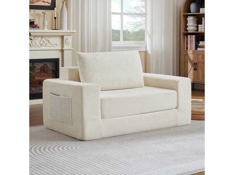  Canapé compressé 2 places convertible - transformable en chaise longue - poche latérale - moderne - velours côtelé - beige CozyNest - Conforama B